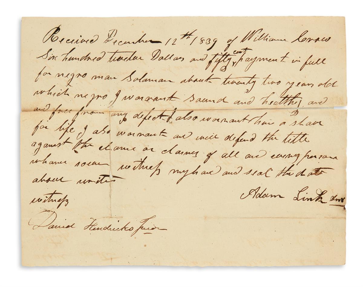 (SLAVERY AND ABOLITION.) Two letters and a receipt relating to a West Virginians acquisition of enslaved people.